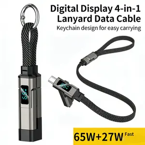 4 in 1 Short Type C Keychain Lanyard Data Cables with LED Display,Braided PD Fast Charging Cord for iPhone 17,Samsung Galaxy A17 handheld device