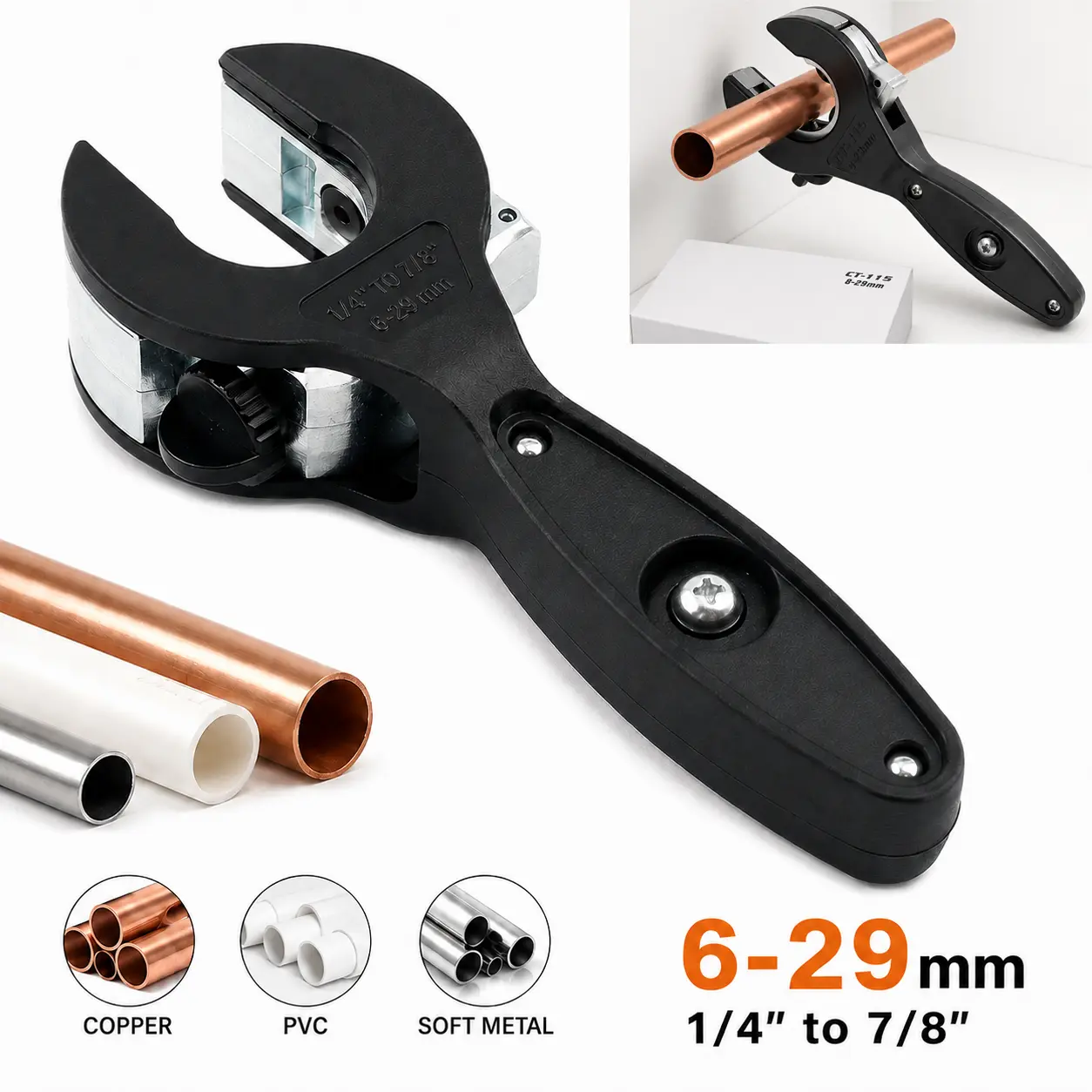 Ratcheting Tubing Cutter for Copper, PVC & Soft Metal Pipes, 6-29mm Compact Plumbing Pipe Cutting Tool Ratcheting Tubing Cutter for Copper, PVC & Soft Metal Pipes, 6-29mm Compact Plumbing Pipe Cutting Tool