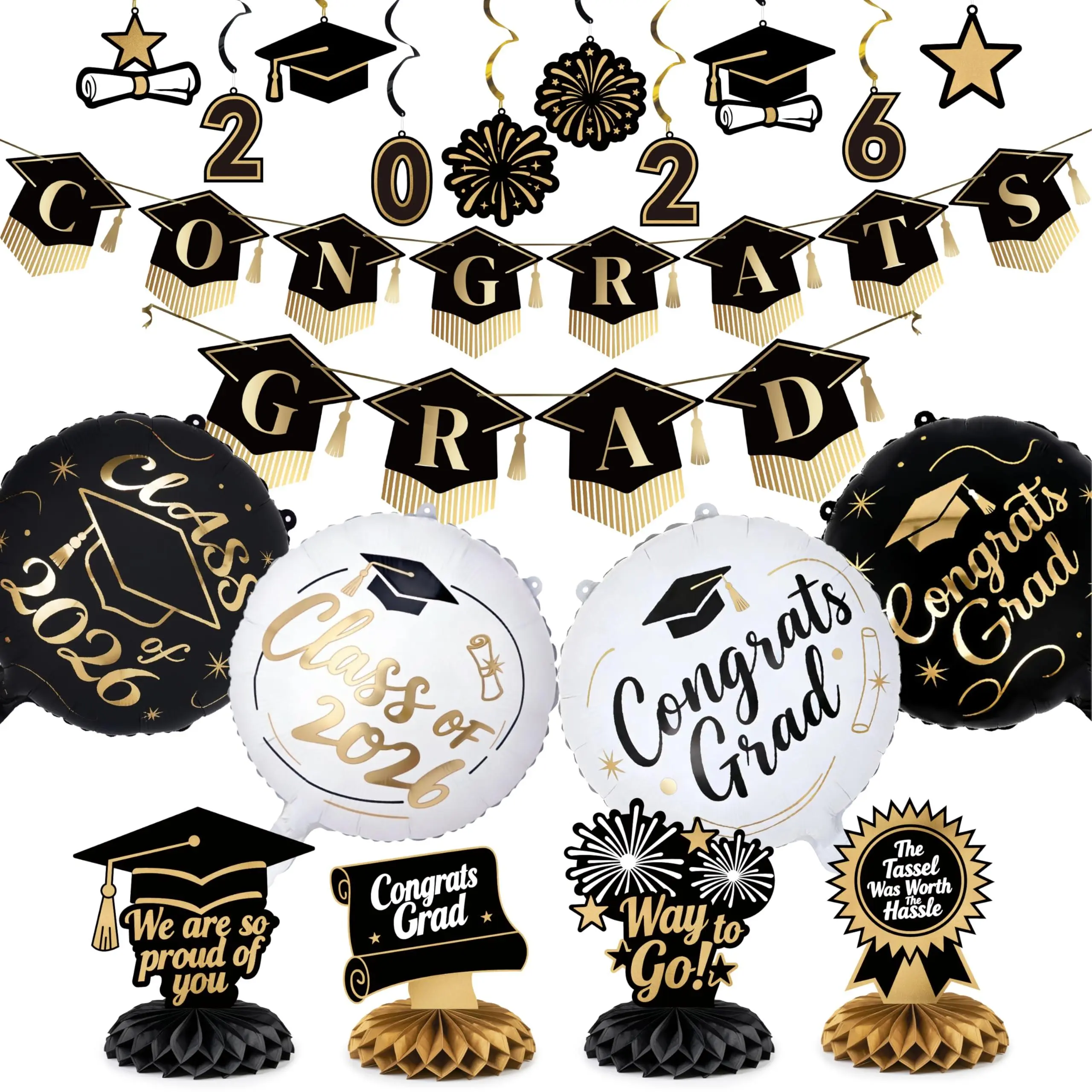 PartyWoo 2026 Graduation Decorations Gift Set - 19pcs Class of 2026 Black Gold Kit, Gift Package with Congrats Banner, Hanging Swirls, Foil Balloons, Grad Cap Centerpieces, Party Event Props for Celebrations, "2026" Swirls