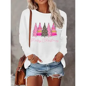Plus Size Women's Christmas Tree Print Long-Sleeve Crew Neck Casual T-Shirt, Knitted Fabric - Christmas Holiday Outfit Womenswear Beach Cotton
