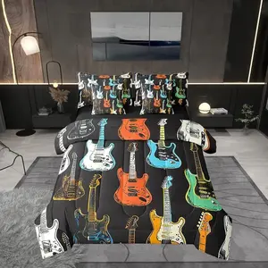 Sketch Guitar Bass Bedding Set, 7-Piece Musical Instrument Bed in a Bag with Blanket, Bedsheet & Quilt for Kids Music Lovers, Queen Option Available, Blanket Set, Bedsheet Sets