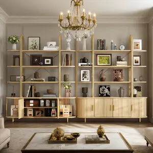 Mid-Century Modern Curved Bookcase, 4-Tier Fluted Arched Bookshelf with Sliding Tambour Doors and Closed Storage Cabinet, Multi-Functional Wide Display Cabinet, Freestanding Book Organizer for Living Room, Bedroom, Home Office(1pc))