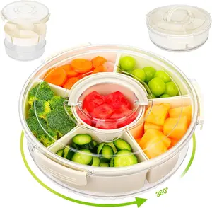 1 piece of a rotating snack tray with lid, ideal for storing candies, fruits, nuts, and dried fruits. This round compartmentalized platter is perfect for use in the living room, at parties, or during weddings. meal prep containers compartment