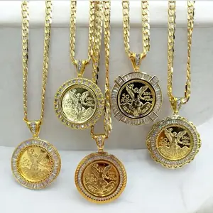 Centenarios 14k Gold Plated Zirconia Pendant Necklace 24 inch Geometric Design Unisex Jewelry for Mexican Independence Day Brass Copper Main Stone 14K