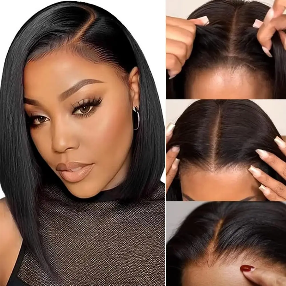 Wear and Go Glueless Bob Wig Human Hair Pre Plucked Pre Cut 180% Density 5x5 HD Transparent Lace Front Wigs Human Hair for Black Women Short Straight Bob Wigs No Glue Lace Closure Wigs