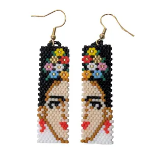 Frida-Inspired Beaded Mexican Folkloric Dangle Earrings, Floral Crown Design, Artisan Statement Jewelry, Boho Chic Earrings