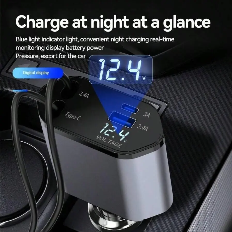 Retractable 120W 4-in-1 Fast Charging Smart Car Charger, USB-C Auto Charger, 2 USB Ports, 2.6ft (80cm) Collapsible Cable, 180-Degree Adjustment, Car Accessory for iPhone 15/14/13/12 Pro Max,