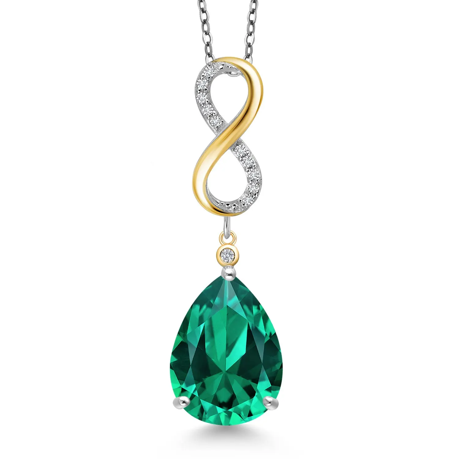 Gem Stone King 925 Silver and 10K Yellow Gold Green Nano Emerald and White Lab Grown Diamond Pendant Necklace for Women | 8.27 Cttw | Gemstone May Birthstone | Pear Shape 16X12MM | With 18 Inch Chain