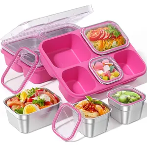 Snackle Box Containers, Stainless Steel 5 Compartments Divided Serving Tray with Lid, Removable LeakProof Portable Bento Box for Fruit Candy Nuts Food - School, Picnic and Travel(Pink)