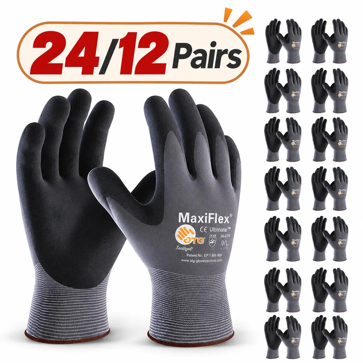 24/12 Pairs Maxiflex PIP Work Gloves Seamless Knit, Breathable Stretch Fabric, Foam Nitrile Palm Coated, Durable Protective, Secure Grip (Home Improvement & Work Safety Equipment)