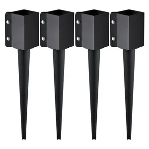 Fence Post Anchor Ground Spike, 4 Pack, 24 x 4 x 4 Inches Outer Diameter, Inner Diameter 3.5 x 3.5 Inches, Metal Black Powder Coated Post Stake Ground, For Mailbox, Deck, Garden, Railing, Fence Support