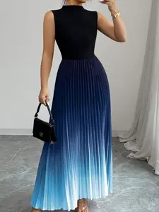 Women's Ruched Sleeveless Dress, Urban Commute Business Casual Elegant Party Formal Wear, Round Neck Gradient Color Dress, Womenswear