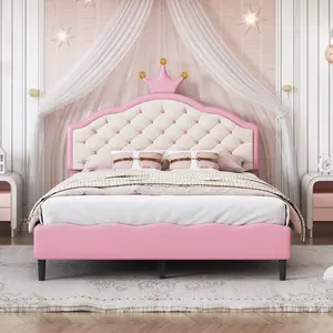 Bellemave Lovely Crown Fantasy PU Leather Princess Bed with Tufted Headboard Pink Cream 77.6 x 55.9 x 48.4 inches Strong Structure Comfortable Upholstery