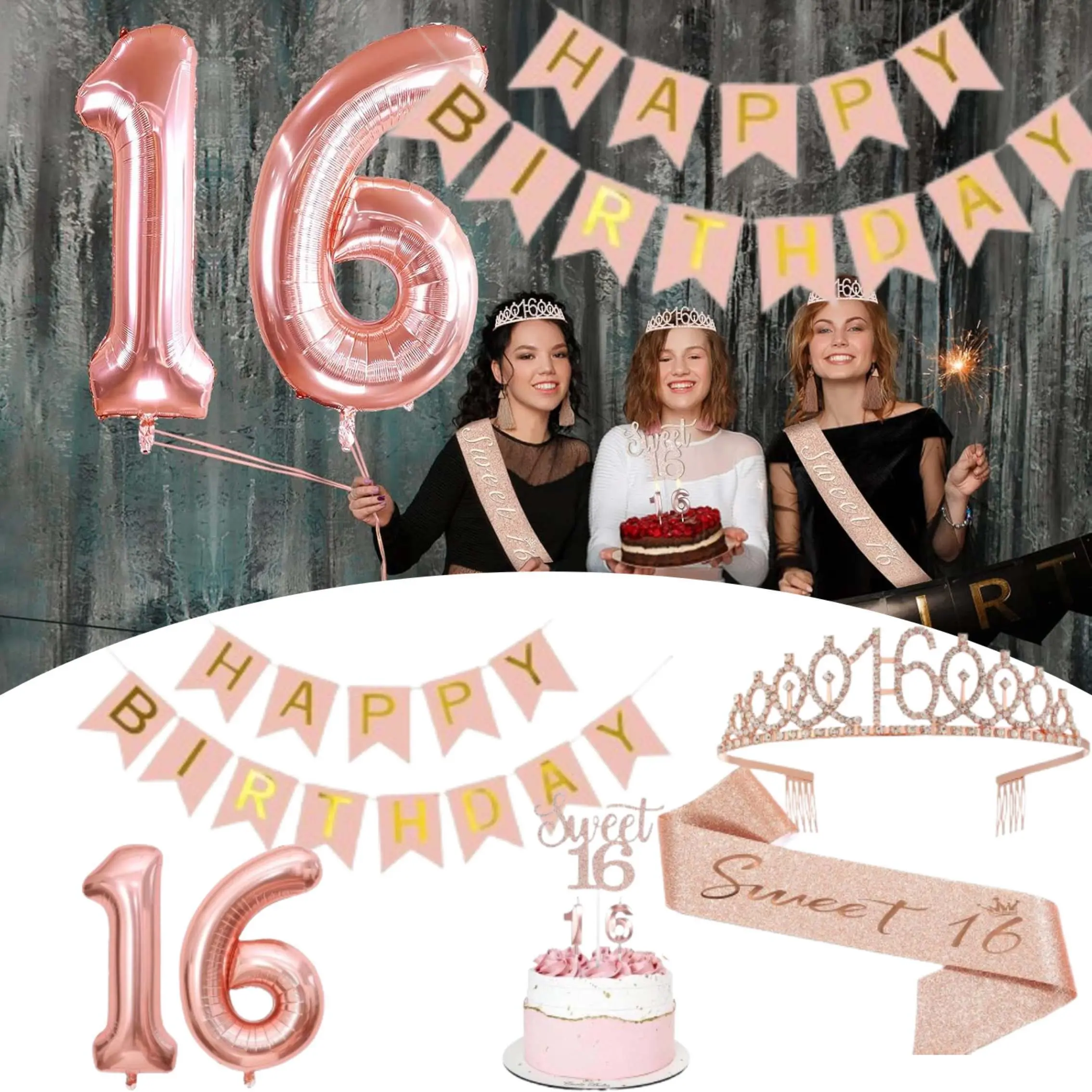 Rose Gold 16th Birthday Party Supplies Set for Girls - Banner, Cake Topper, Balloons, Sash, Tiara, Birthday Gift Accessories, Party Event Props, Gift (Bakeware Decorating Tools)