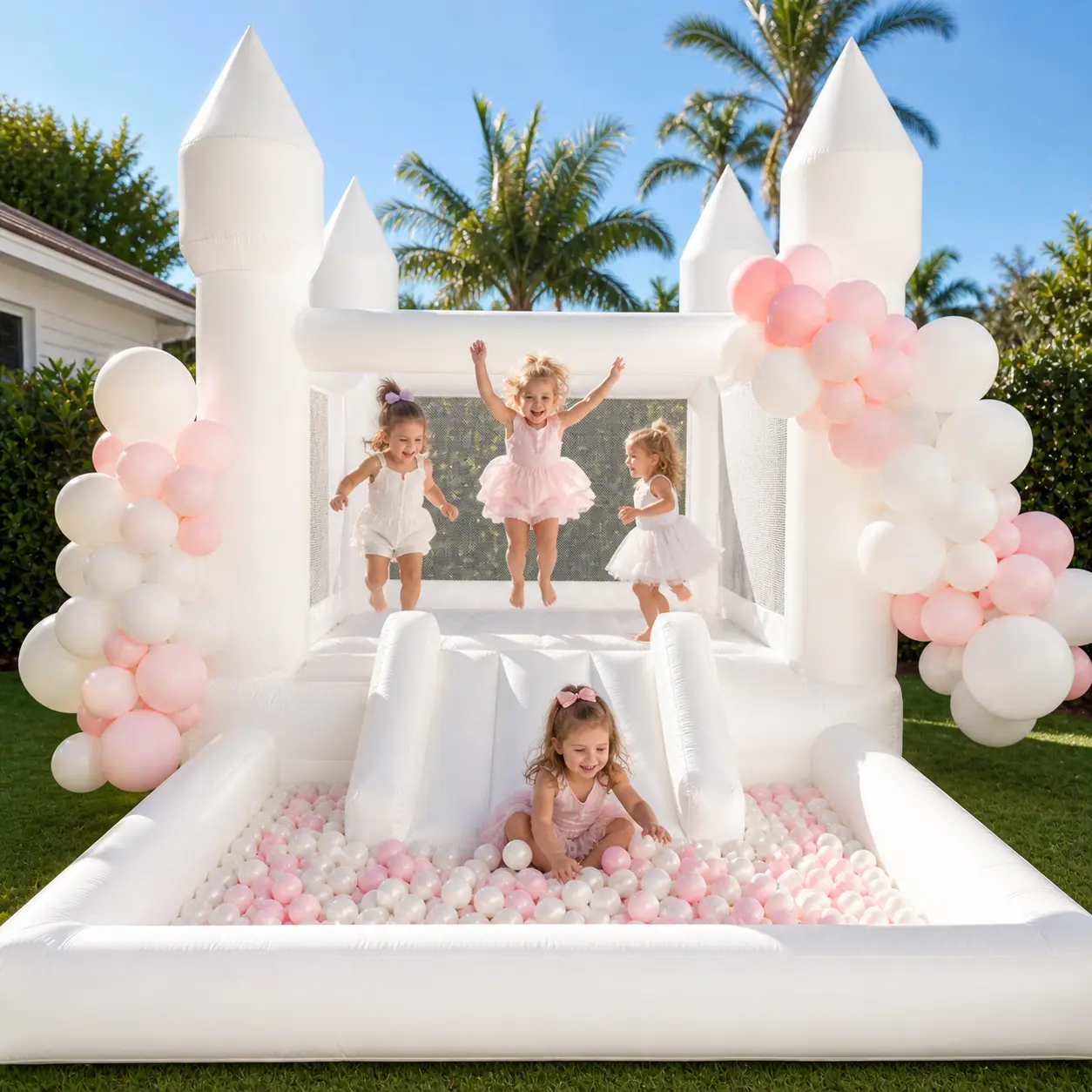 White Oxford Grade Inflatable Bouncer House Jumping Castle with Slides, Blower, Repair Kit, Portable Carrying Bag – Unisex Kids’ Backyard Summer Outdoor Party Decor for Birthday, Wedding Events
