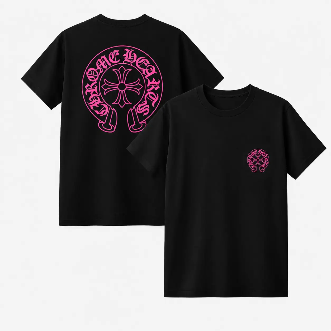 Chrome Hearts Horseshoe Pink Cross Graphic Shirt, Gothic Back Print Streetwear Tee