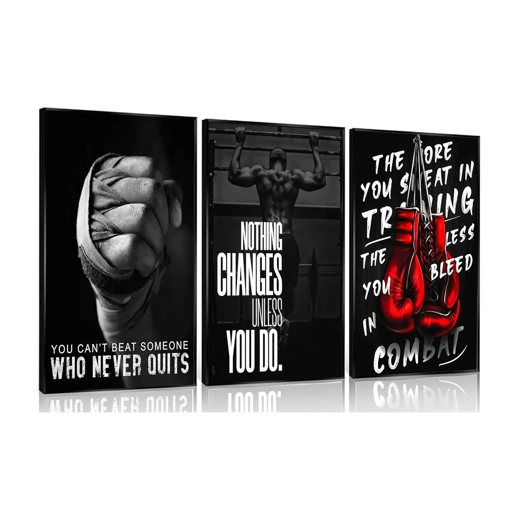3Pcs Set Boxing Sports Canvas Wall Art Boxing Gloves Fitness Motivational Quote Painting Picture Wall Decor Black and White Exercise Creative Design Print Poster Artwork for Teen Room Dorm Gym Livingroom Home Decoration【UNFRAMED】