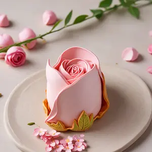 5-piece rose silicone mold with layered petal and leaf base - suitable for DIY soap, candle, resin, clay, Crafts - reusable mold for Valentine's Day, Mother's Day, birthday gifts, weddings, and home decor - pink and gold design, durable silicone mold