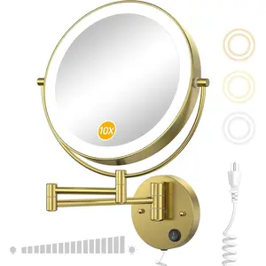 9" Wall Mounted Lighted Magnifying Mirror, 1X/10X Magnification Double-Sided LED Bathroom Mirror, 3 Color Lights & Stepless Dimming with  Sensor, Extendable Arm 360? Swivel for Shaving