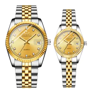 OIDEA Stainless Steel Couple Wrist Watches: Waterproof Round Dial Luminous Watches Gold Rhinestones Date Analog Quartz Wrist Watches for Men Women