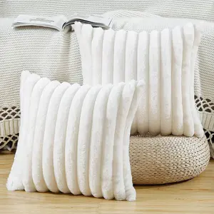 Striped Texture Pillow Cover, Soft Artificial Rabbit Fur Front, Velvet Back, Modern Decorative Sofa Cushion, Suitable for Living Room, Home Textile