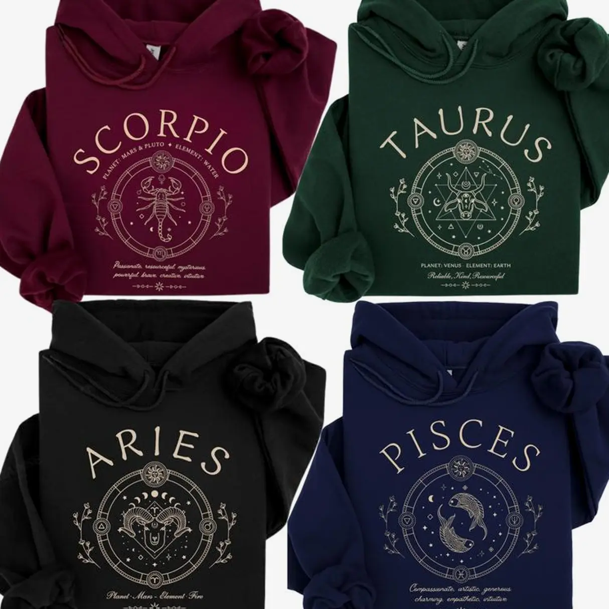 12 Zodiac Mystic Symbol Fitted Hoodie, Vintage Astrology Constellation Cute Halloween Pullover Tops, Unisex T-Shirt, Birthday Gift