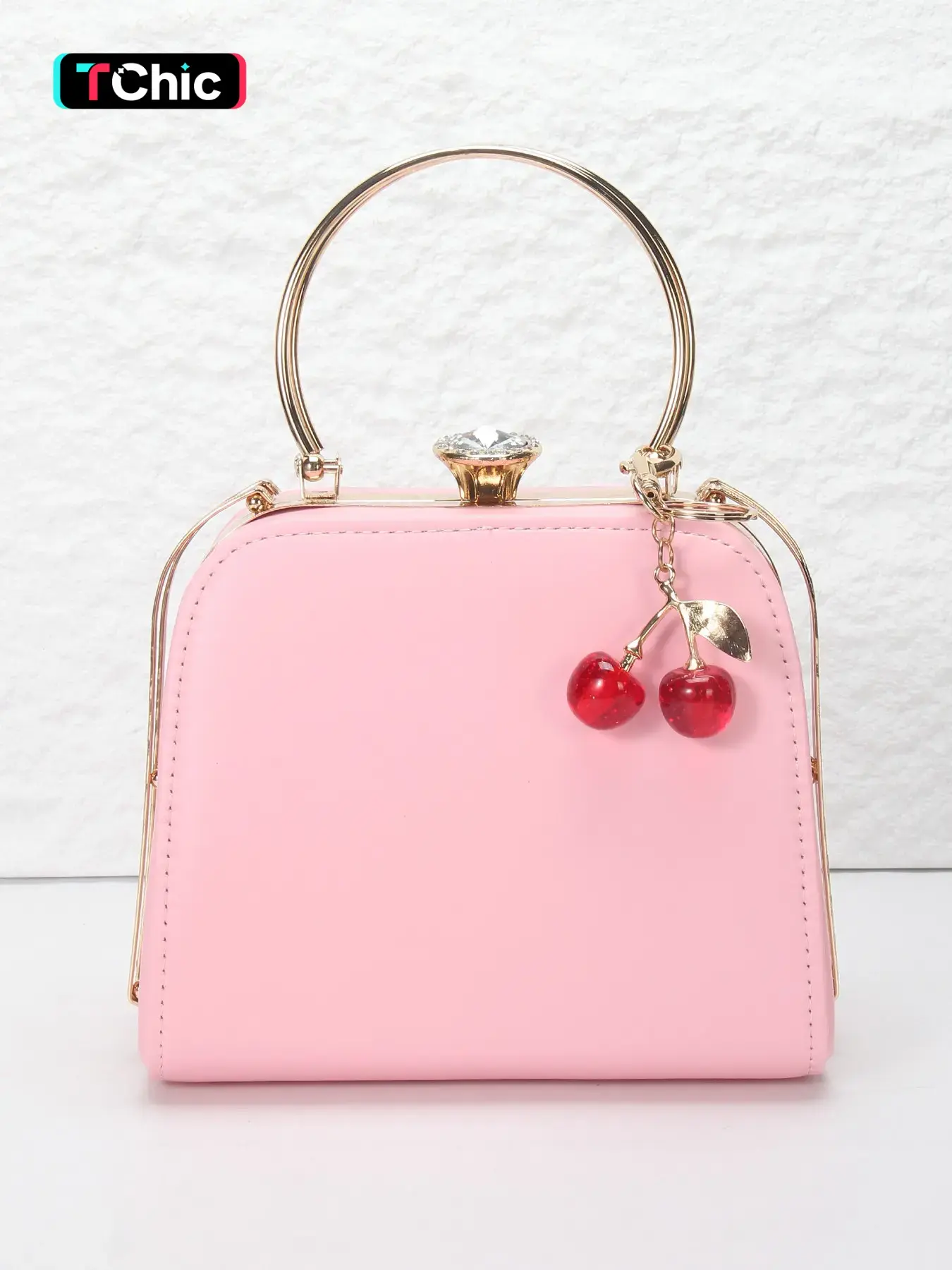 Cherry Charm Shoulder Backpack, Women's Solid Color Handbag, PU Leather Metal Frame Bucket Bag, Evening Bag, Wedding, Party, Prom, Graduation