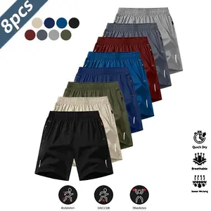 8-pack men’s breathable shorts, casual athletic style, wrinkle-resistant design, polyester blend, solid color, reflective stripes, suitable for running, soccer, badminton, basketball, ping pong, weightlifting, gym workouts, and other sports. Men's shorts
