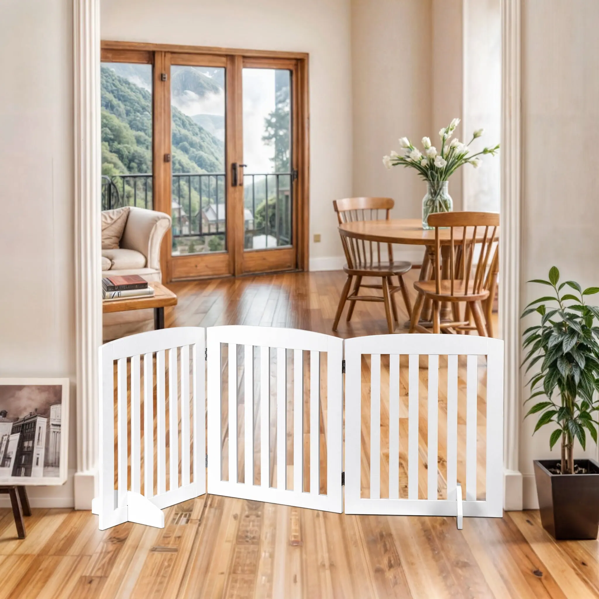 Segawe 24-Inch Wobble-Free Folding MDF+Metal Pet Gate - 3-Panel Portable Tool-Free Setup Playpen with Door, Area Divider for Doorway, Stairs, White