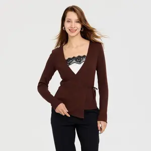 Women's Metallic Rib-Knit Wrap Cardigan - A New Day Brown L