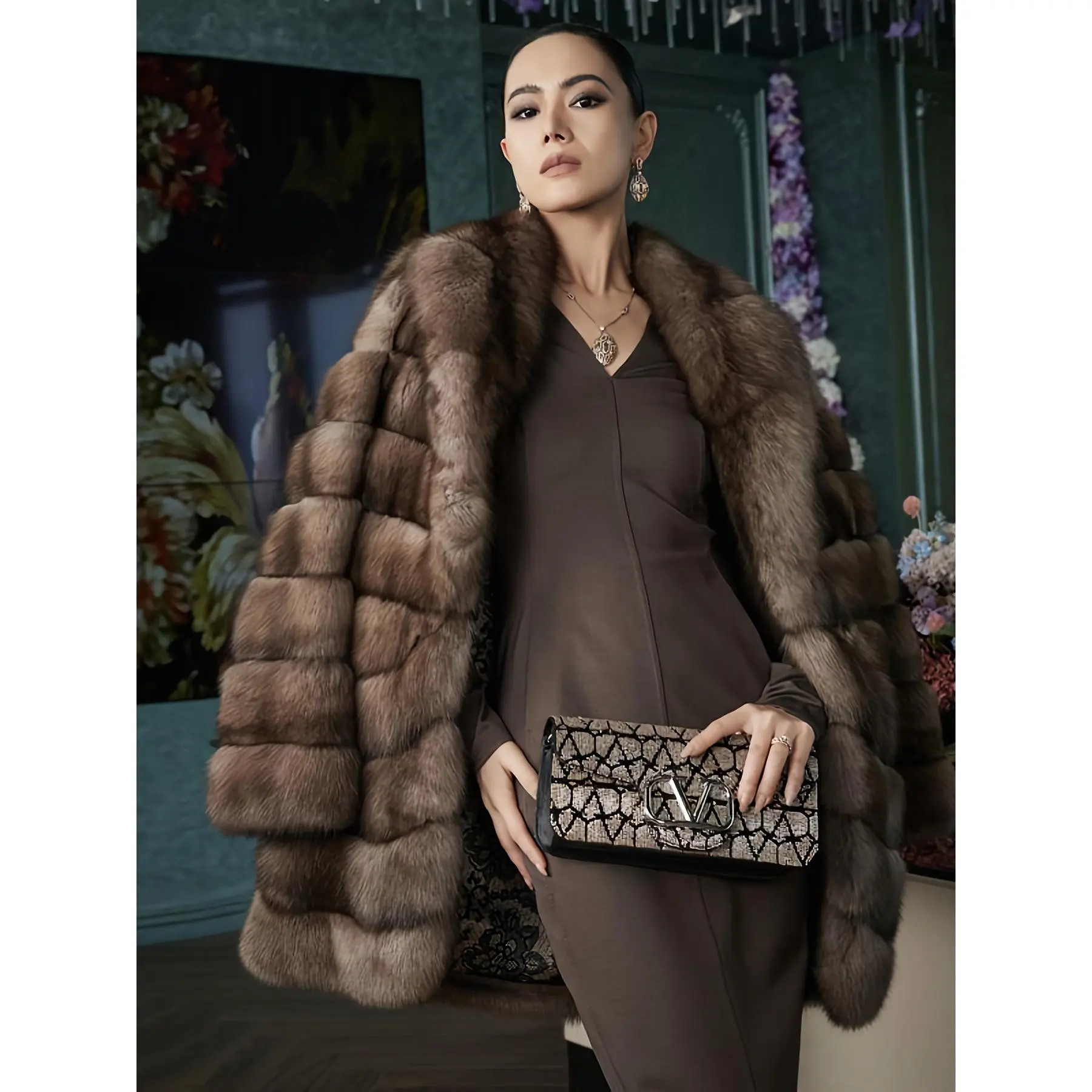 Faux Sable Fur Coat for Women, Elegant No-Fuss A-Line Single-Breasted Long Sleeve Design, Full-Length Winter Party Wear, A-Line Cut, Regular Sleeve, Loose-Fit, Solid