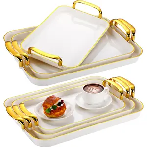 3-piece set of stackable, reusable trays with handles, ideal for serving food，plastic party trays perfect for cold cuts, fruit, and appetizers，cream gold