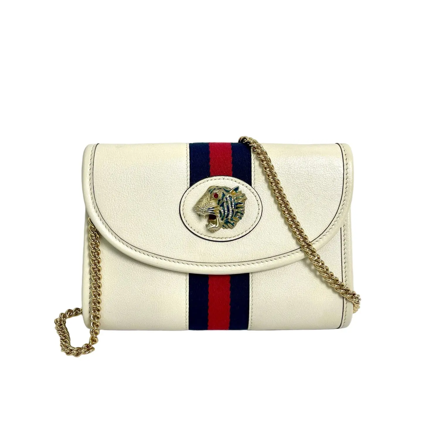 Pre-owned canvas crossbody bag Gucci Rajah Stripe Crossbody Bags White with Leather Tiger Head Wallet, Blue and Red Web Stripe