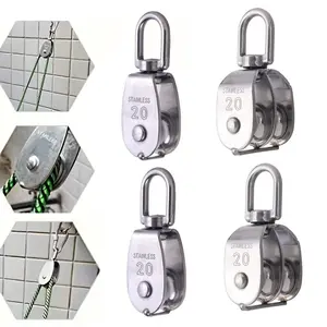 4 PCS M20 Silver Single and Double Pulleys, 304 Stainless Steel Wire Rope Pulleys, 2 Pieces Single Pulleys and 2 Pieces Double Pulleys, Suitable for Clotheslines, Boats