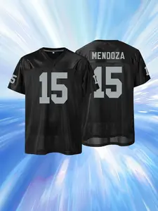 Men's #15 Mendoza Football Jersey, Black Grey Mesh Breathable V-Neck Stitched Jersey for Fans