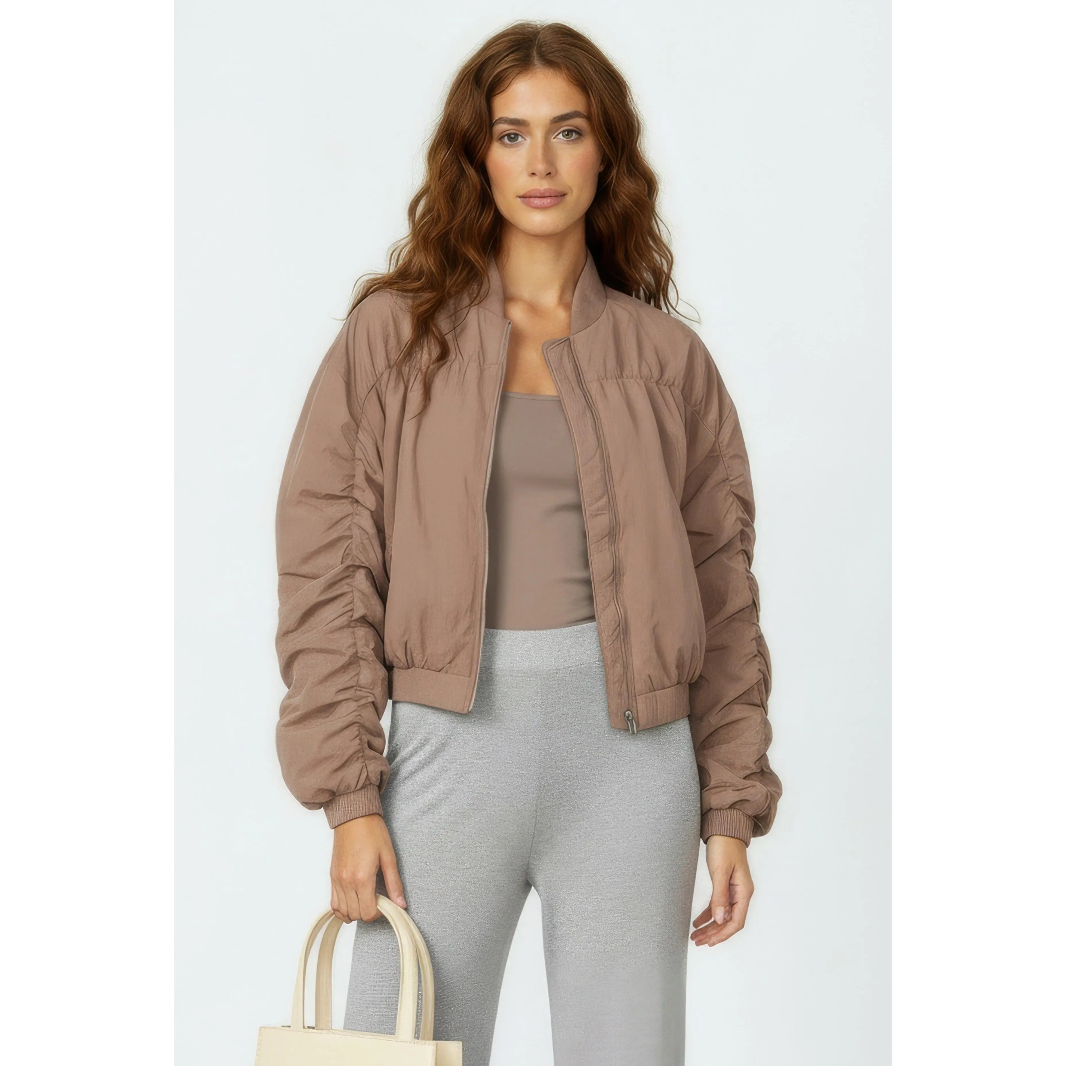 Maeve Ruched Zip Front Nylon Windbreaker Jacket