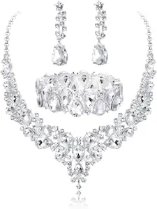 Crystal Bridal Jewelry Sets for Women Necklace Earrings Bracelet Set for Wedding Rhinestone Bridesmaid Choices fit with Wedding Dress