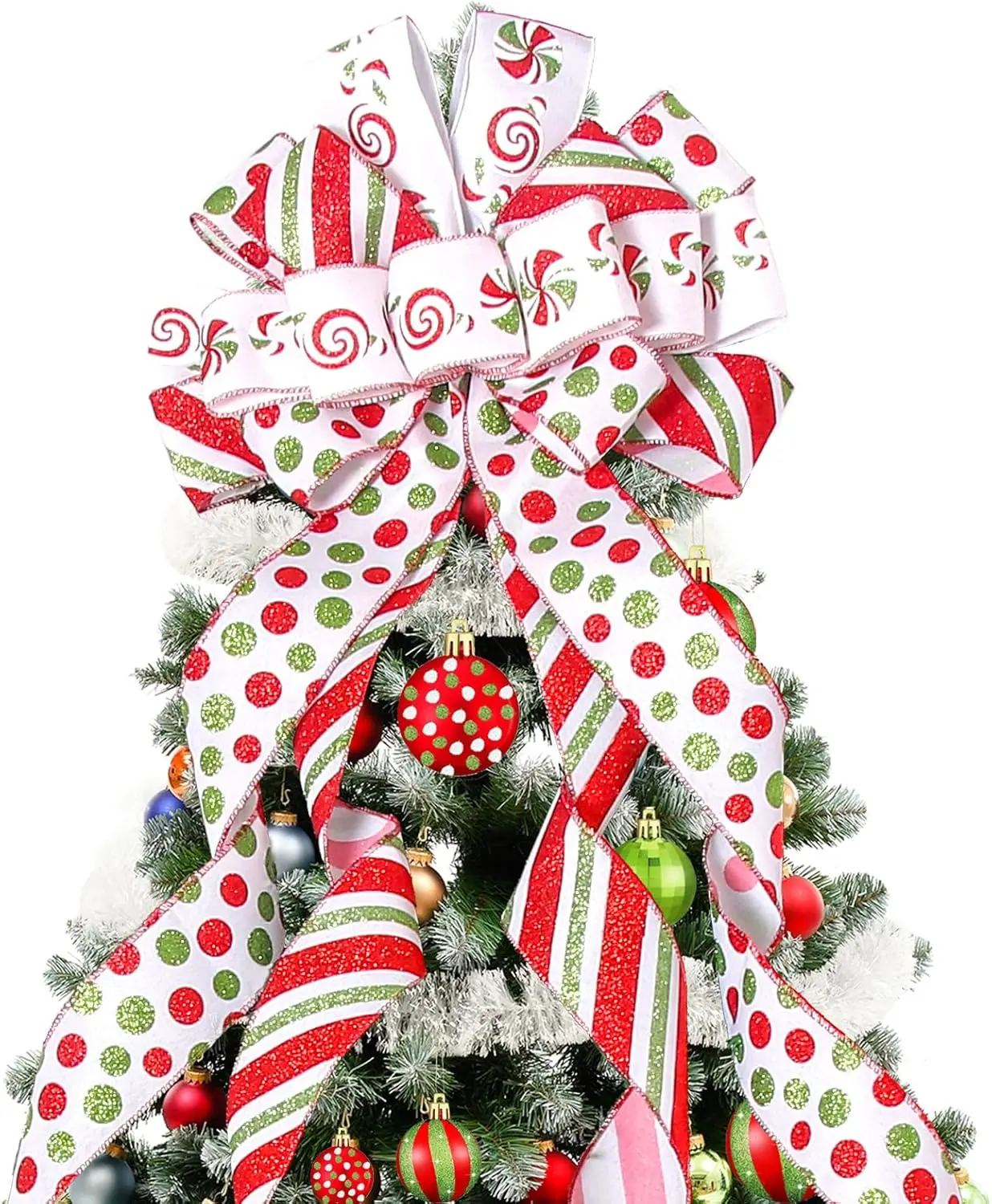 Christmas Tree Topper Wreath Bow Large Green Christmas Bow Tree Topper with Red Green Red Stripes Candy Patterned  Bows for Xmas Holiday  Wedding Thanksgiving Indoor/Outdoor Decoration 52"x13"