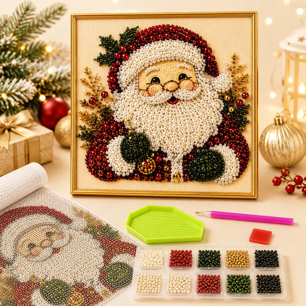 【8*8inch】Frameless 3D Beaded Christmas Pearl Diamond Painting, Xmas Wreath Stocking Mosaic Art, Stress Relief DIY Home Wall Decoration