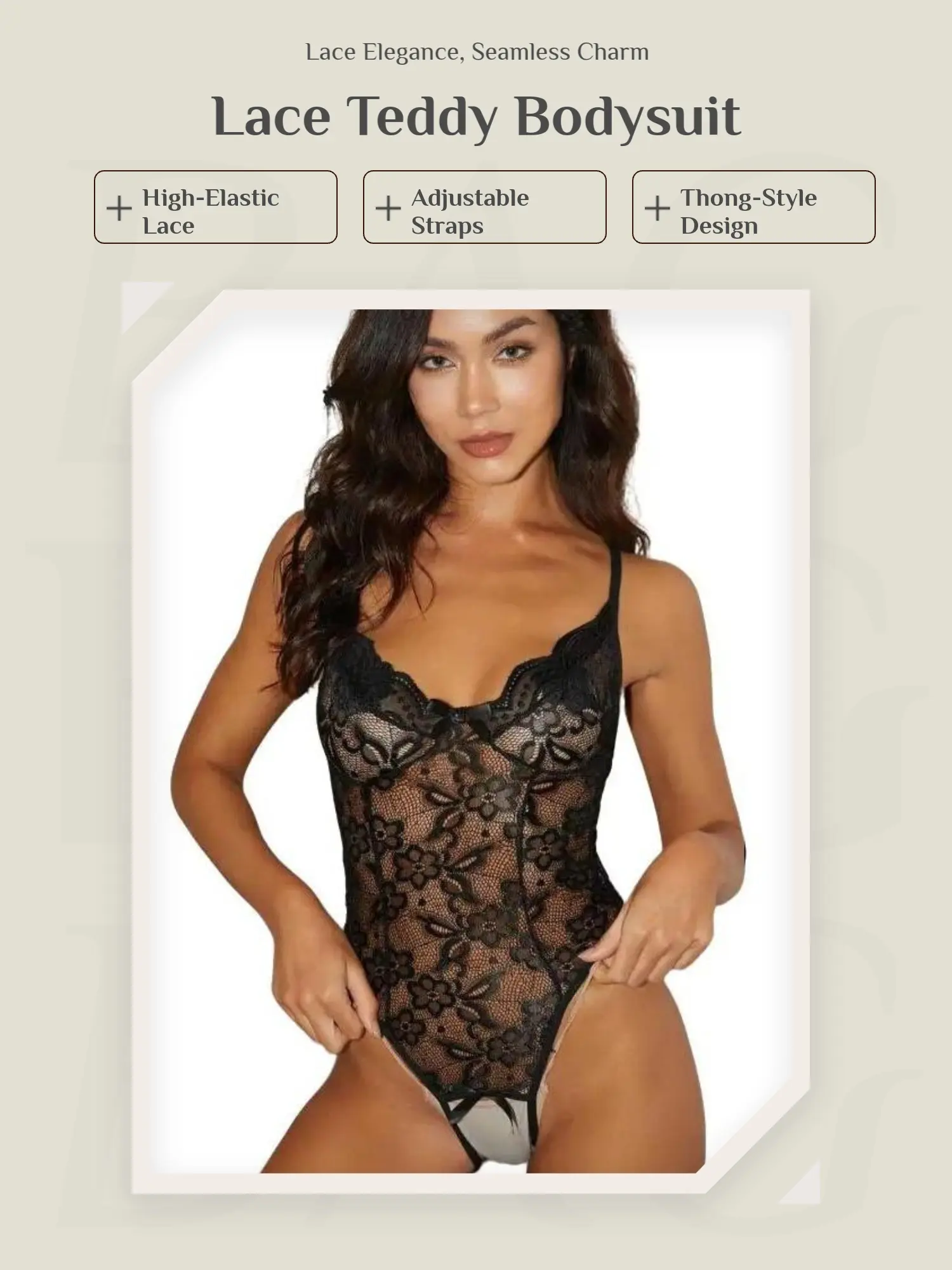 Women's Classic Lace Teddy Bodysuit, Elegant Deep V Backless Lingerie with Adjustable Crossback Straps, Light Comfortable Basics, Soft Lightweight Lingerie, Thong, Fabric, Elastane, Holiday