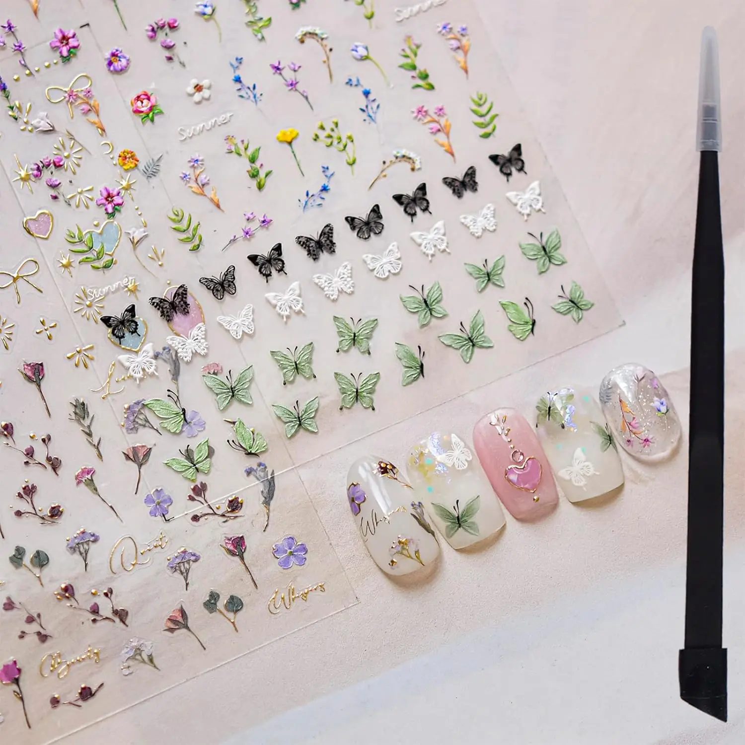 Flower Nail Stickers for Nail Art Decals Charms,5D Embossed Floral Butterfly and Heart Gem, Self-Adhesive 5 Styles Craft Nail Supplies 2 Sheets with Tweezers Kit for Women Decoration