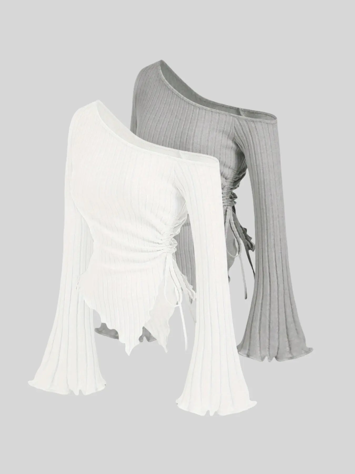 Elegant Asymmetric Hem Flare Sleeve Fitted T-Shirt Set, Drawstring Design for Elegance, Stylish Women's Casual Wear, Perfect for Daily