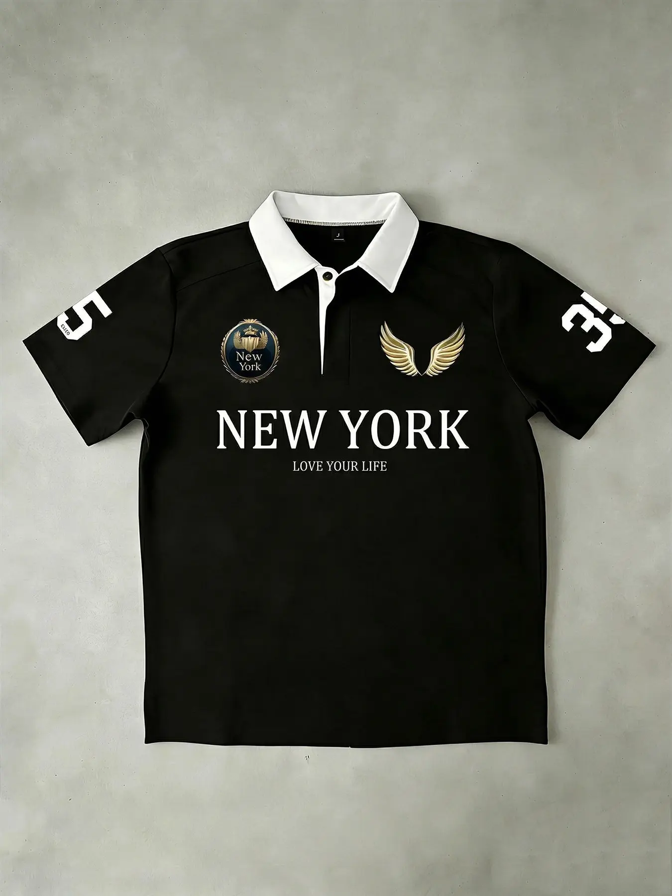Men's New York Letter Wing Print Polo Shirt, Fitted, American Vintage Style, Streetwear, Block, Short Sleeve, Summer Casual Fashion Top