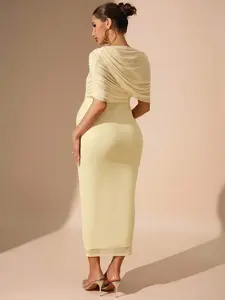 TAMALLA Autumn And Winter Maternity Dress Elegant Solid Color Fitted Maternity Dress For Party Pregnancy Clothing Maternity Dress For Photoshoot Butter Yellow Dress Yellow Maternity Dress Yellow Maternity Dress Baby Shower New Year Women's Clothes El