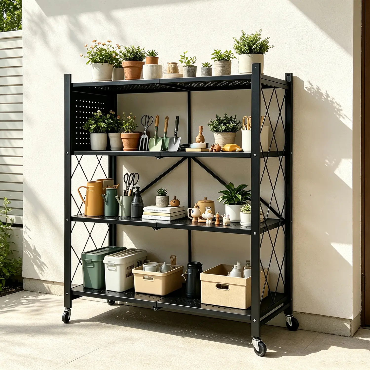 4-Tier Foldable Metal Frame Rectangular Utility Rack - Foldable Rack for Kitchen Organization, Small Standing Shelf Units, Collapsible Black Storage Holder for Kitchen, Pantry