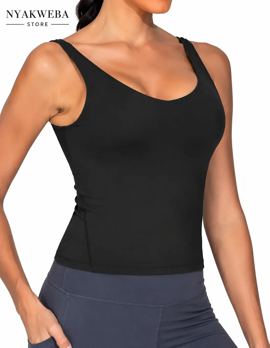NYAKWEBA Women's Longline V-Neck Sports Bra – Padded Waist-Length Camisole Tank Top with Wide Straps for Pilates & Yoga