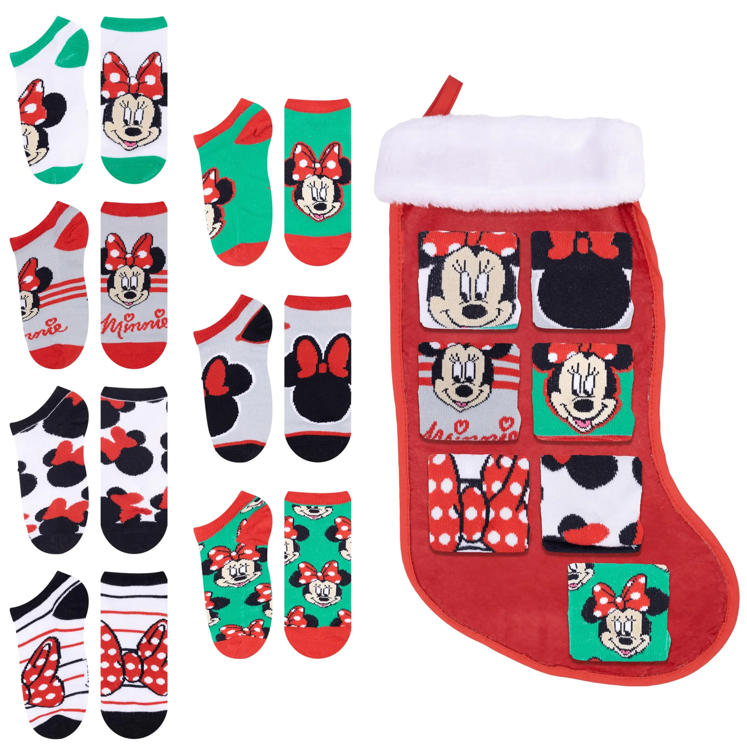 Disney Officially Licensed Minnie Mouse Girls' 7-Pack Crew Socks - Character-Themed Calf Socks with Christmas Stocking, Minnie Designs, Casual Wear, Stretch Fit, Ages 4-12, School Use, Berkshire Fashions, US Sizing