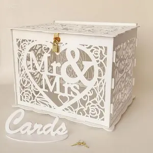 Elegant Wooden Gift Card Holder with Lock Slot, Rustic DIY Money Box for Wedding Reception Anniversary Graduation Birthday Party, Large Shadow Box with Sign, Secure Envelop Storage, Handcrafted Mr & Mrs Design in White
