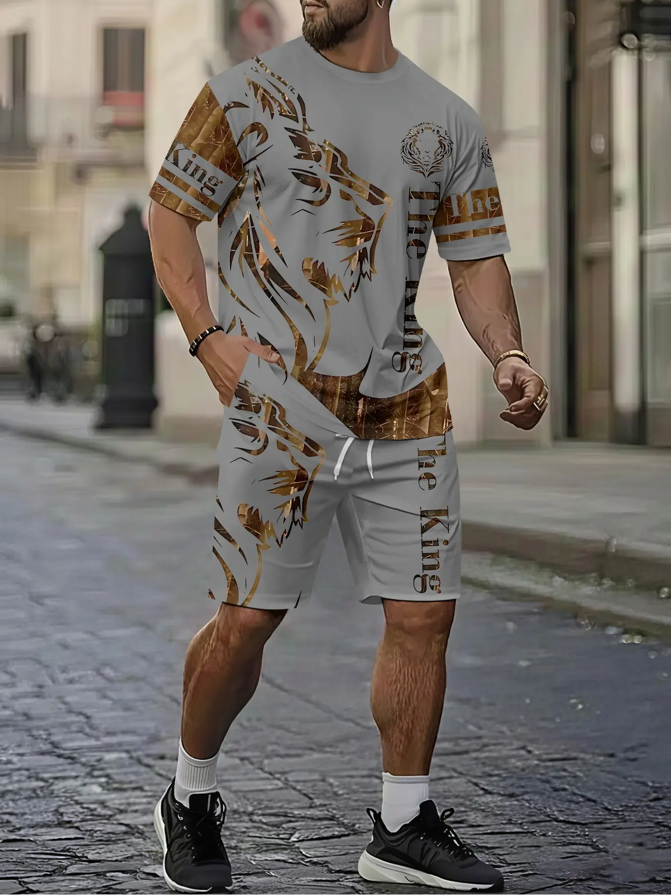 Dominant brand golden lion The King men's 3D digital printing two-piece set, Menswear, 2Pcs, vacation-style outfit, breathable sports and leisure style, a perfect holiday gift for men