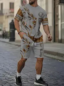 Dominant trendy brand golden lion The King men's 3D digital printing two-piece set, 2Pcs, trendy and fashionable set, trendy retro casual two-piece set, vacation-style trendy outfit, breathable sports and leisure style, a perfect holiday gift for men